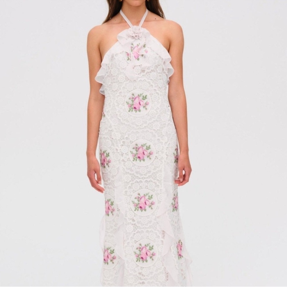 For Love And Lemons White Lace Maxi Dress with Pink Floral Embroidery